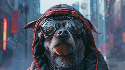 Style Cyberpunk dog in the city during the day with a hoodie and digital glasses. AI generated image