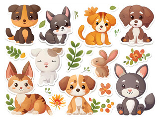 Fototapeta premium An array of cartoon-style animal stickers including lions, tigers, elephants, and giraffes, designed with vibrant colors and adorable expressions, ideal for kids' crafts, white background for