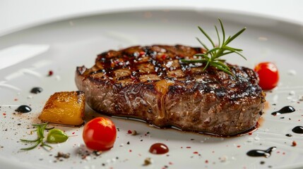Close-up of a premium goat steak on a decorative plate, showcasing succulent textures and garnishes, isolated background, studio lighting