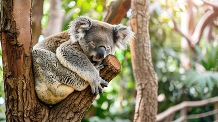 koala resting and sleeping on his tree with a cute smile : Generative AI