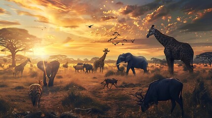 Dreamy scene of common South African safari wildlife animals together at sunset : Generative AI