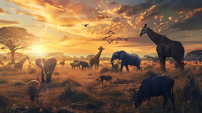 Dreamy scene of common South African safari wildlife animals together at sunset : Generative AI