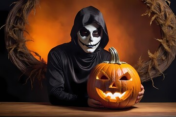 Halloween monster in hood holding a jack o lantern pumpkin