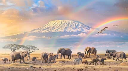 Large group of African wildlife animals in a magical bream scene with snowcapped Mt Kilimanjaro in background and rainbow overhead : Generative AI - Powered by Adobe