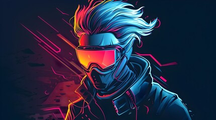 Digitally Illustrated Esports Character with Personalized Insignia on Dark Synthwave Background