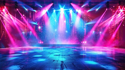 A large stage with bright pink and purple lights shining down.