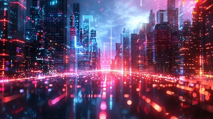 Fototapeta premium 3D wallpaper depicting a futuristic cityscape, front view, Neon glow, digital tone, vivid