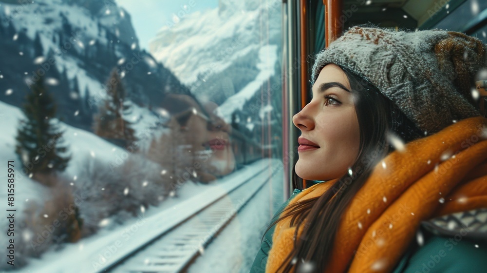 Canvas Prints Beauty woman traveler looks out from window train view beautiful winter mountains landscape.