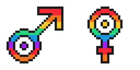 Pride Rainbow, Gender Minority of Male and Female Sign Symbol, Pixel Icon Set