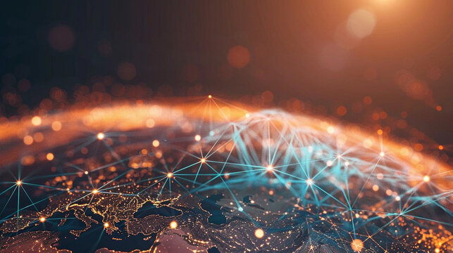 A beautiful glowing blue and orange planet Earth with a glowing network of connections.