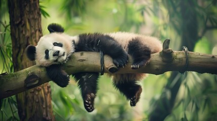 Obraz premium Panda Bear Sleeping on a Tree Branch China Wildlife Bifengxia nature reserve Sichuan Province Cute Lazy Baby Panda Sleeping in the Forest Enjoying an afternoon nap with paws Hanging Do : Generative AI