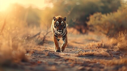 Great tiger male in the nature habitat Tiger walk during the golden light time Wildlife scene with...