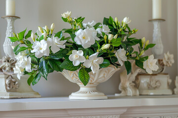 A bouquet of fragrant gardenias on a classic French provincial shelf, enhancing the elegance of a formal living room.