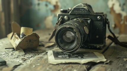 A close-up of an old camera with a cracked lens and peeling paint sits on a wooden table. A faded photograph lies in front of the camera.