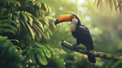 Obraz premium Toucan tropical bird sitting on a tree branch in natural wildlife environment in rainforest jungle : Generative AI