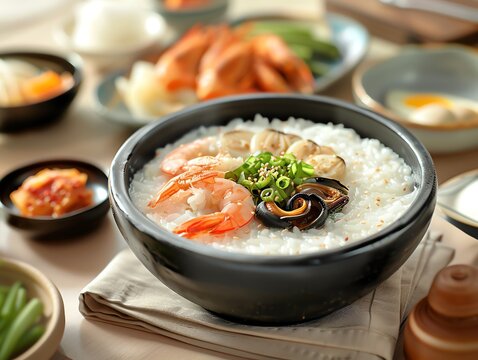 A traditional Korean breakfast setting with juk rice porridge, kimchi, and salted seafood