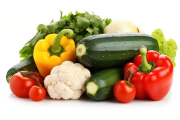  An array of colorful fresh vegetables including peppers, zucchini, and cauliflower isolated on white background. Copy space.