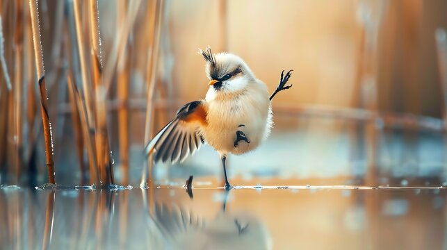 Funny bird A bird that came to drink water It clings to the reeds with its flexible legs Water nature background Bird Bearded Reedling Panurus biarmicus : Generative AI