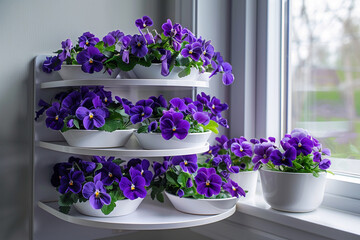 A collection of delicate violets on a tiered corner shelf, maximizing space and style in a small, chic apartment.