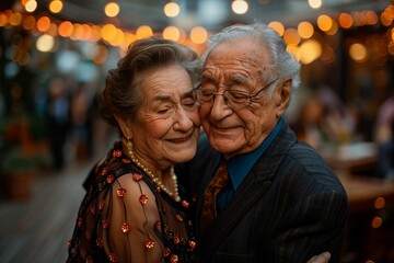Fototapeta premium Elderly couple dancing gracefully under enchanting string lights at a cozy outdoor evening event, celebrating love, happiness, and the joy of shared moments in a romantic atmosphere.