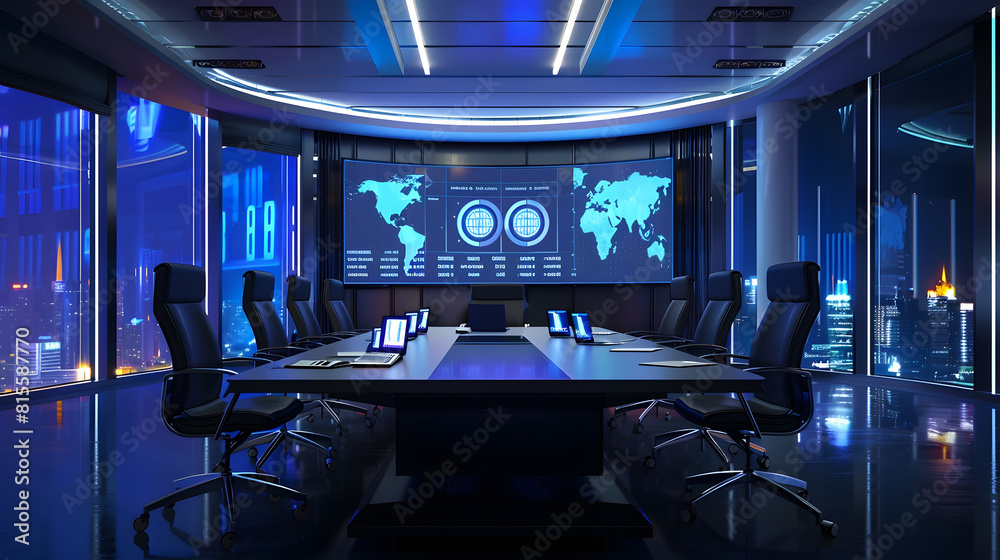 Poster modern empty meeting room with big conference table with various documents and laptop on it wall tv 