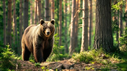 European brown bear in forest at summer : Generative AI