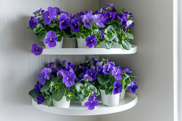 A collection of delicate violets on a tiered corner shelf, maximizing space and style in a small, chic apartment.