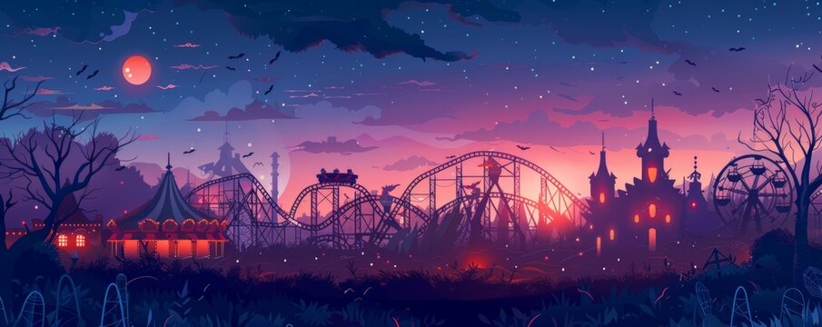 A paranormal scene set in an abandoned carnival, where ghostly apparitions ride decrepit roller coasters and play eerie melodies on broken music boxes.   illustration.