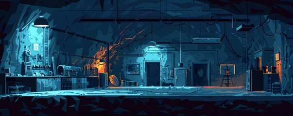 An underground bunker network inhabited by survivors of a global catastrophe, illuminated by dim lights.   illustration.