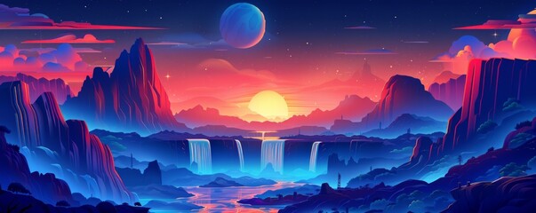 A surreal dreamscape where reality bends and warps, featuring floating islands and cascading waterfalls amidst a sky ablaze with vibrant colors.   illustration.