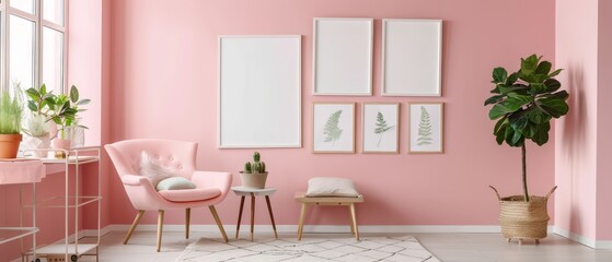 Bright and airy living room featuring multiple frame mockups on a pastel-colored wall, surrounded by modern Scandinavian-style furniture,