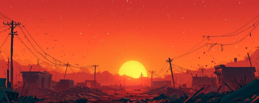 A post-apocalyptic wasteland where the remnants of humanity eke out a meager existence amidst the ruins of their once-great civilization.   illustration.