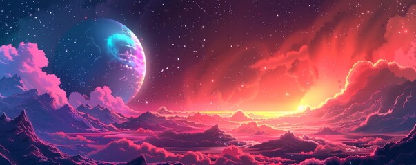 A cosmic dreamscape where galaxies collide and stars are born, their radiant light illuminating the infinite expanse of space.   illustration.
