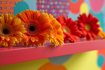 A gathering of vibrant gerbera daisies on a pop-art inspired bright shelf, adding fun and flair to...