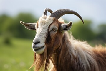 Fototapeta premium Closeup of Brown domestic shaggy grow goat on meadow field
