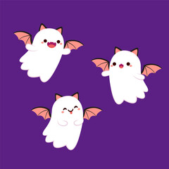 Cute ghost floating with Halloween day for Trick or Treat. Funny spooky boo character. Spook phantom with happy smiling face expression. Isolated kids flat vector illustration.