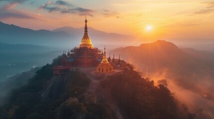 A golden pagoda sits atop a hill in the middle of a lush green jungle. The sun is setting behind the pagoda, casting a warm glow over the scene. - Powered by Adobe