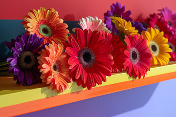 A gathering of vibrant gerbera daisies on a pop-art inspired bright shelf, adding fun and flair to...