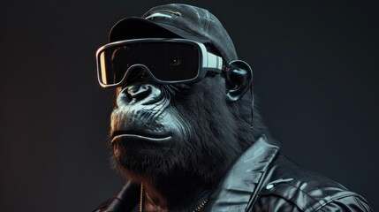 Portrait of monkey gorilla cyberpunk character wearing glasses. AI generated image