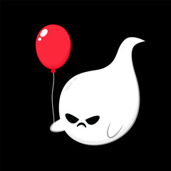 Cute ghost floating with Halloween day for Trick or Treat. Funny spooky boo character. Spook phantom with happy smiling face expression. Isolated kids flat vector illustration.