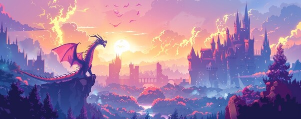 A mythical realm where dragons soar through the skies and knights embark on epic quests, set against a backdrop of towering castles and enchanted forests.   illustration. © Coosh448