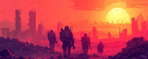 Obraz premium A post-apocalyptic battlefield where mechanized soldiers clash amidst the ruins of a once-great city, their weapons and armor gleaming in the harsh light of a dying sun, and the fate of humanity hangs