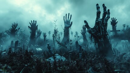 A terrifying scene of zombie hands rising from the grave, set against a foggy cemetery backdrop, perfect for horror films and Halloween themes, highlighting the concept of resurrection and undead.