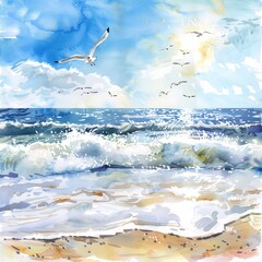 Obraz premium Watercolor painting of a sunny summer day at the beach, with waves crashing against the shore and seagulls soaring, on isolated white background, Generative AI