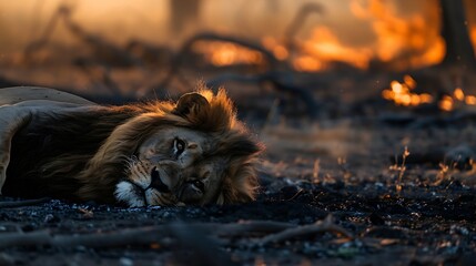 Africa lion male Botswana wildlife Lion fire burned destroyed savannah Animal in fire burnt place...