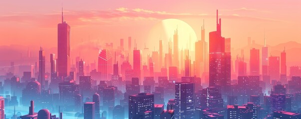 Fototapeta premium A retro-futuristic metropolis where the past and future collide in a dizzying array of styles and technologies, with art deco architecture juxtaposed against sleek glass towers. illustration.