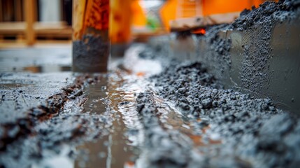 Close-up of concrete pouring work in construction work