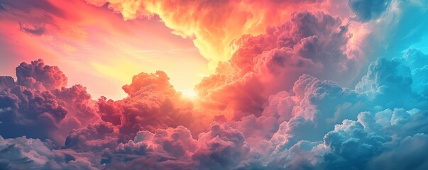 Abstract of sunset mood in the sky with cloudy background. Wallpaper in colorful gradient pastel painting with watercolor shading technique.  simple illustration
