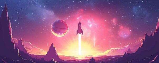 A spacecraft traversing between stars and planets in the depths of space.   illustration.