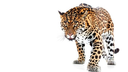 Obraz premium spotted hunter creature big cat endangered species panthera pardus animal themes isolated on white safari animal indoors one animal remastered white background wild predator nature : Generative AI